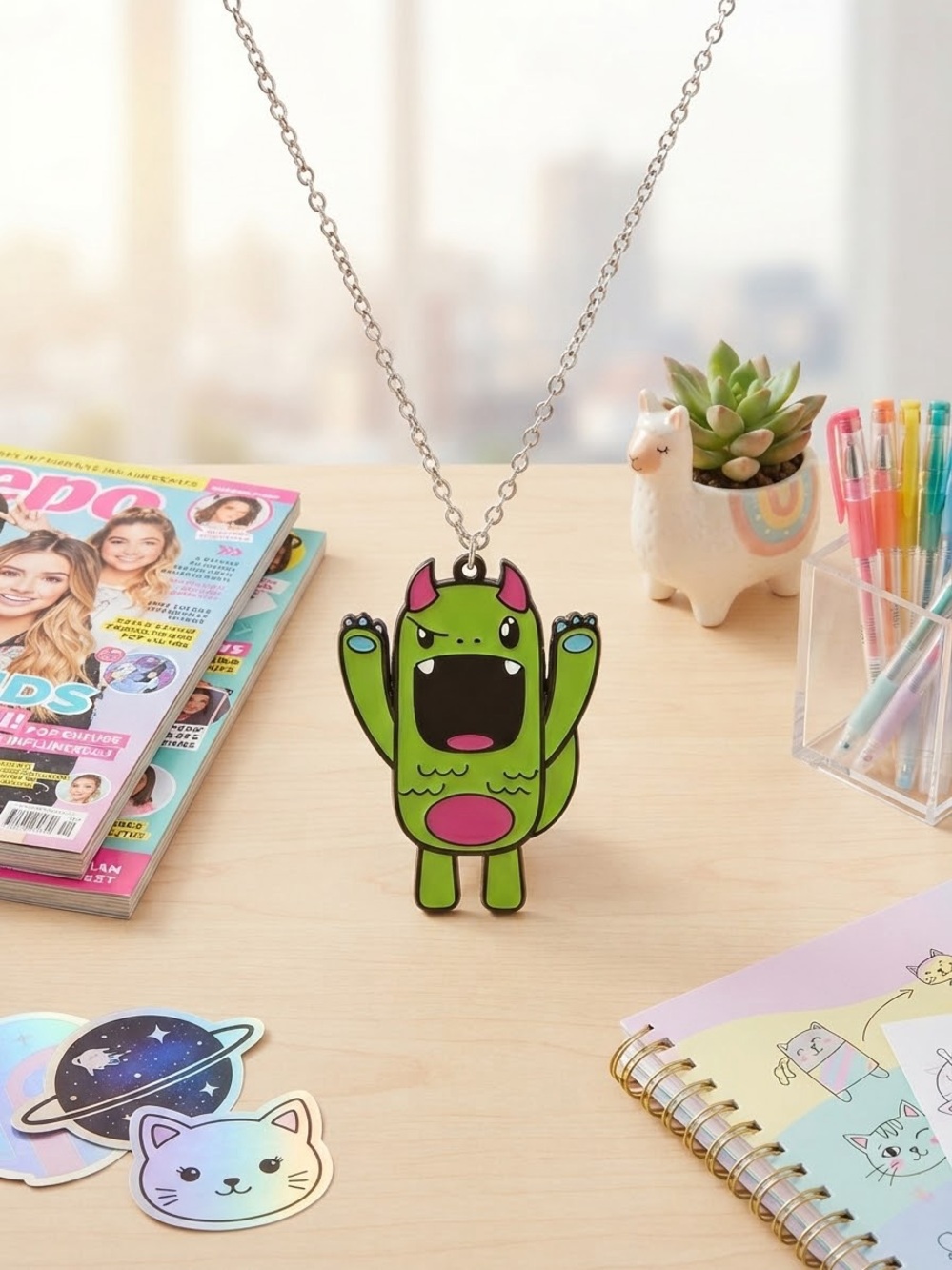 Kids Green Monster Pendant Necklace - Fun Cartoon Accessory